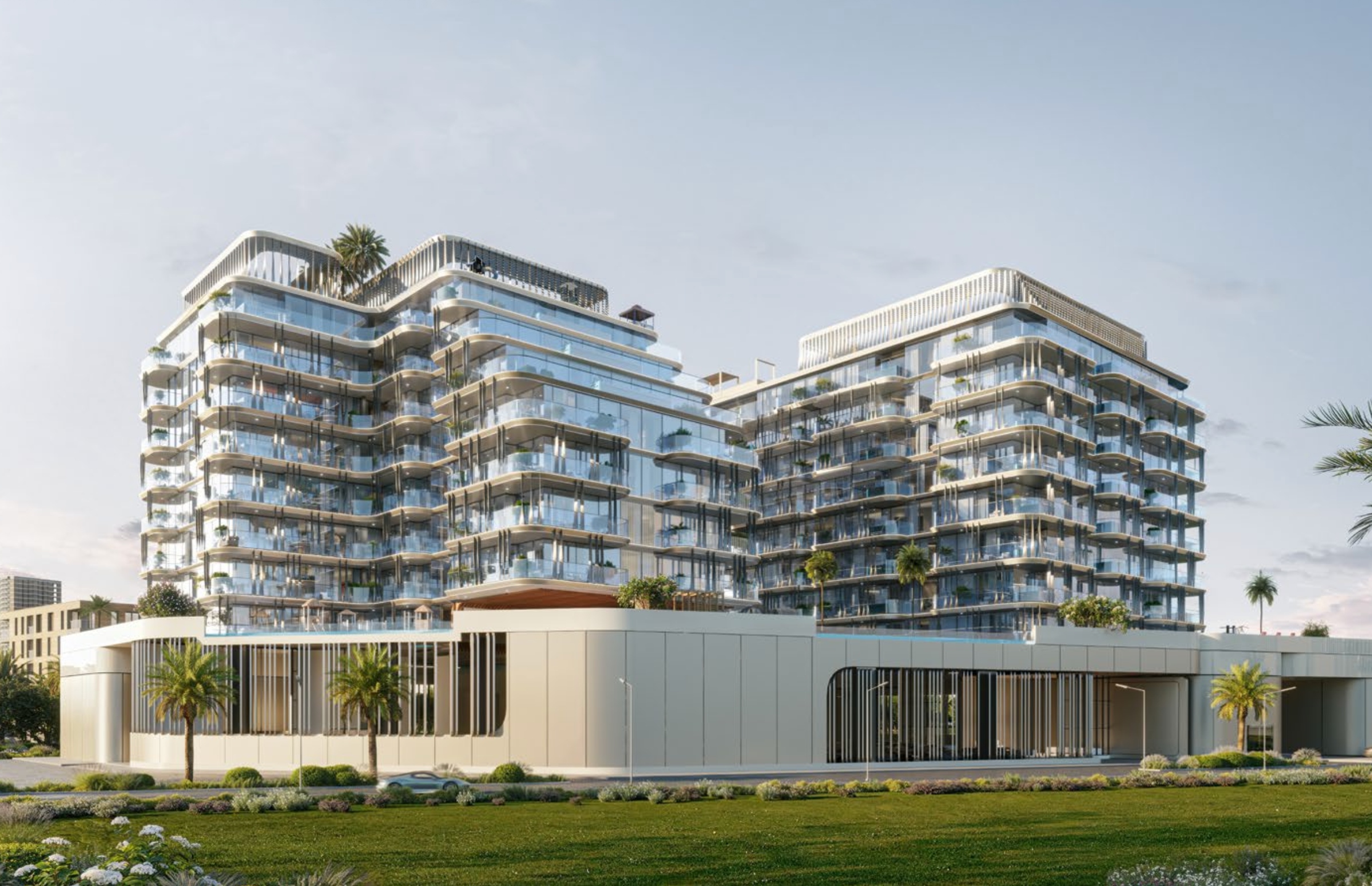Façade luxueuse de Ocean Bay by Samana avec ciel bleu